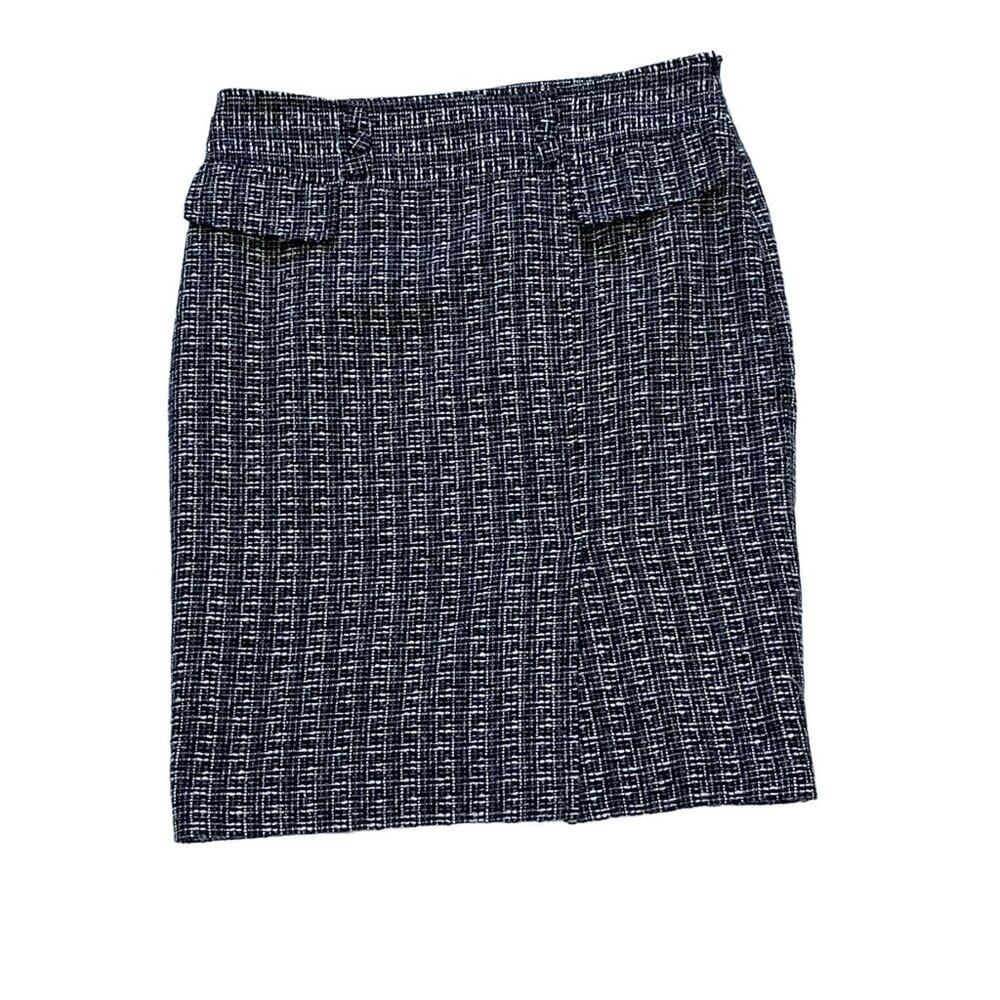 Ann Taylor Tweed Pencil Skirt, Blue, Ivory, Flap Pockets, Front Slit, 8